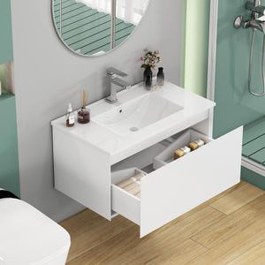 English Elm 32-Inch Wall-Mounted Bathroom Vanity With Soft-Close Drawer, Ceramic Sink, Matte White Finish, Modern Design W3151S00042