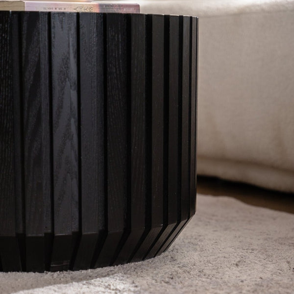 English Elm Set of 2 Fluted Round Nesting Tables Matte Black Solid Wood Living Room Accent W3158P395513