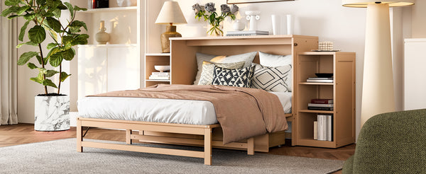 English Elm Full Golden Murphy Bed with Storage Drawers & Shelves, Space-Saving Wall Cabinet for Guests W1580S00254