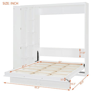English Elm Queen Murphy Wall Bed with Led Lighting Open Shelves and Wardrobe Cabinet Storage White LP000899AAK-1