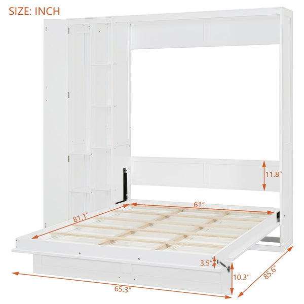 English Elm Queen Murphy Wall Bed with Led Lighting Open Shelves and Wardrobe Cabinet Storage White LP000899AAK-1