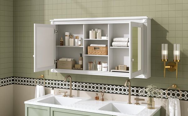 English Elm 55 Inch Wall Mount Medicine Cabinet Dual Mirrored Doors Soft Close Bathroom Vanity Storage White N710P401342K