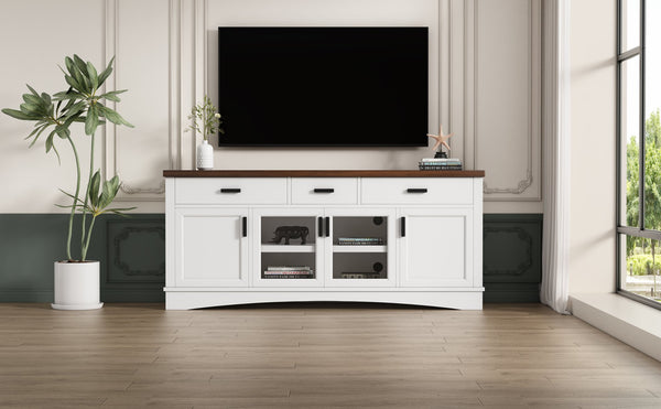 English Elm Christopher Knight Home® - Modern White 67" TV Console with Walnut Top, 4 Doors, 3 Drawers & Adjustable Shelves Storageelligent N779P296233W