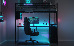 English Elm Twin Metal Loft Bed with LED Desk & 4 Shelves, Black — Sturdy Metal/Wood Frame, Space-Saving Design GX000652AAB