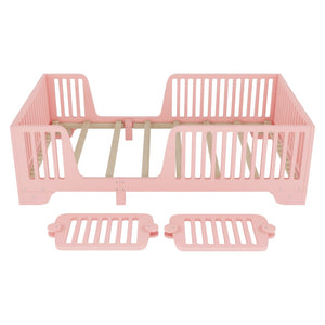 English Elm Twin Montessori Floor Bed with Safety Rails Hinged Door and Plywood Slats for Kids Pink W2593P381410