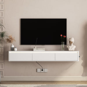 English Elm Floating TV Stand with Touch LED Strip, Built-In Power Hub & Ample Storage for Modern Living Rooms White 74.61 L x 17.52 W x 6.1 H W1321P389543