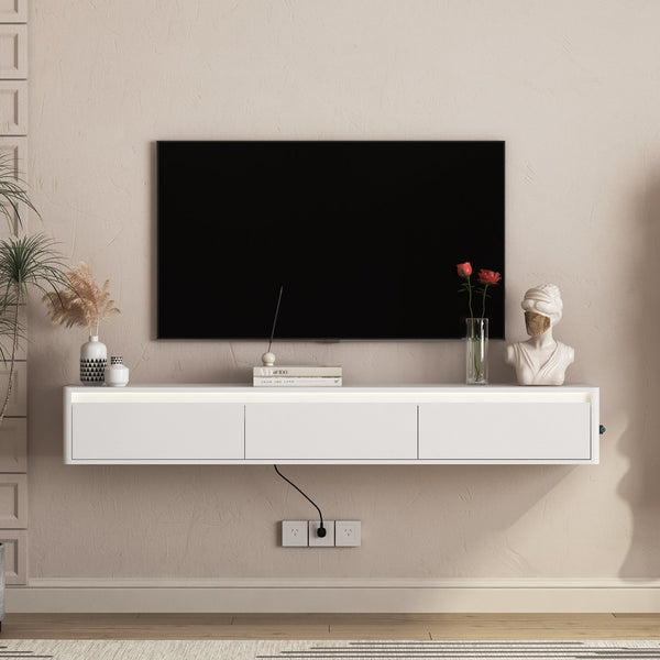 English Elm Floating TV Stand with Touch LED Strip, Built-In Power Hub & Ample Storage for Modern Living Rooms White 74.61 L x 17.52 W x 6.1 H W1321P389543