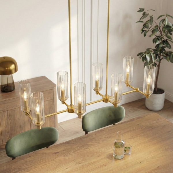 English Elm Willow Eight Light Linear Island Pendant Satin Brass Ribbed Glass Kitchen Fixture B183P231769
