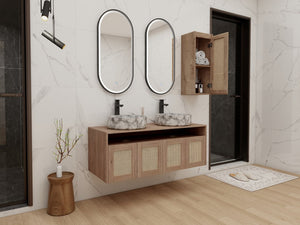 English Elm 48" Floating Bathroom Vanity Dual Ceramic Vessel Sinks Oak Finish Soft Close Doors W999S00500