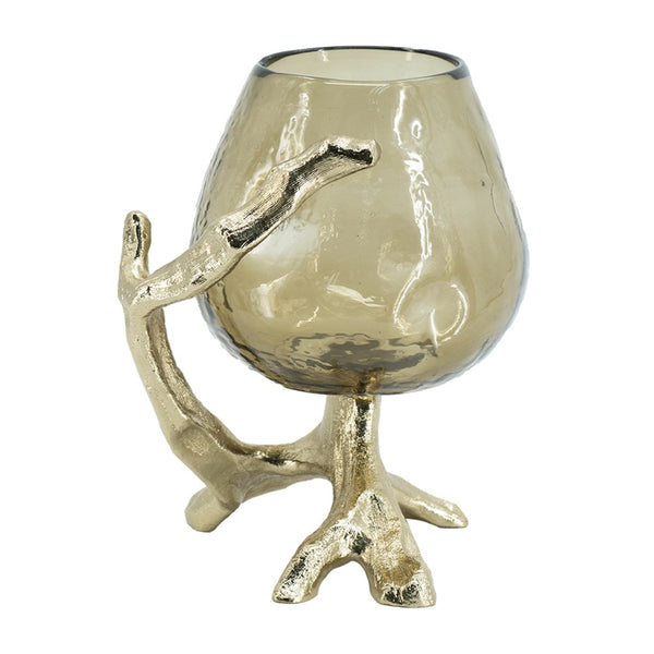 English Elm 8.5x7.1x10.4" Sculptural Olive Glass Pillar Holder on Gold Aluminum Legs W2078P490403