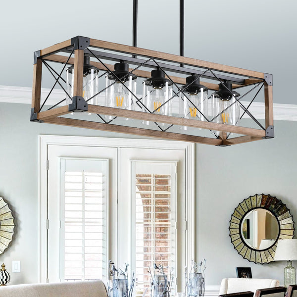 English Elm 32" Walnut Industrial Farmhouse Pendant Light Chandelier - 5-Lamp Design For Dining & Kitchen Decor W2312P368675