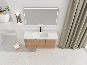 English Elm 48" Floating Bathroom Vanity Dual Ceramic Vessel Sinks Oak Finish Soft Close Doors W999S00507