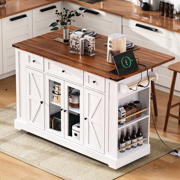 English Elm K&K 53" Farmhouse Kitchen Island with Drop Leaf, Tempered Glass Doors, Power Outlet, Rolling Cart White N707P263637W
