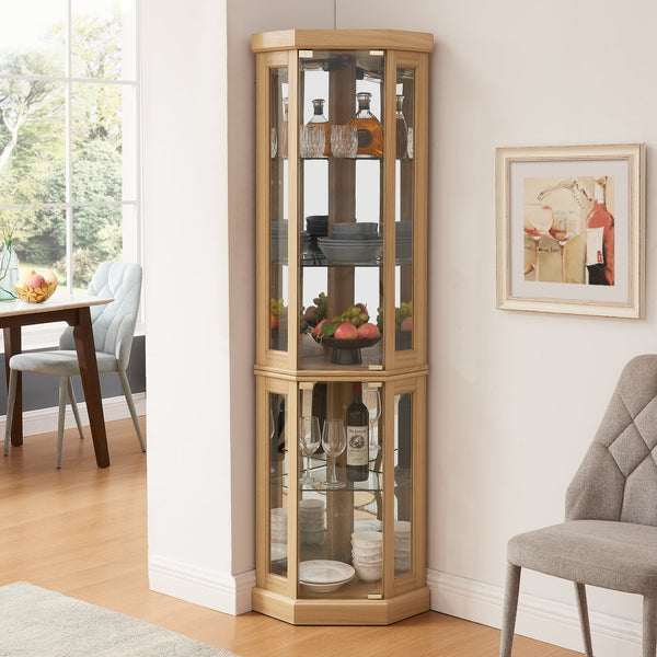 English Elm Lighted Curio Cabinet - Elegant Corner Display Case For Antiques, Glassware & Wine Storage, Oak Finish W1758P300104