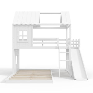 English Elm Twin Over Full Playhouse Bunk Bed with Slide Ladder Storage Shelves and Wardrobe Light White W5305S00039