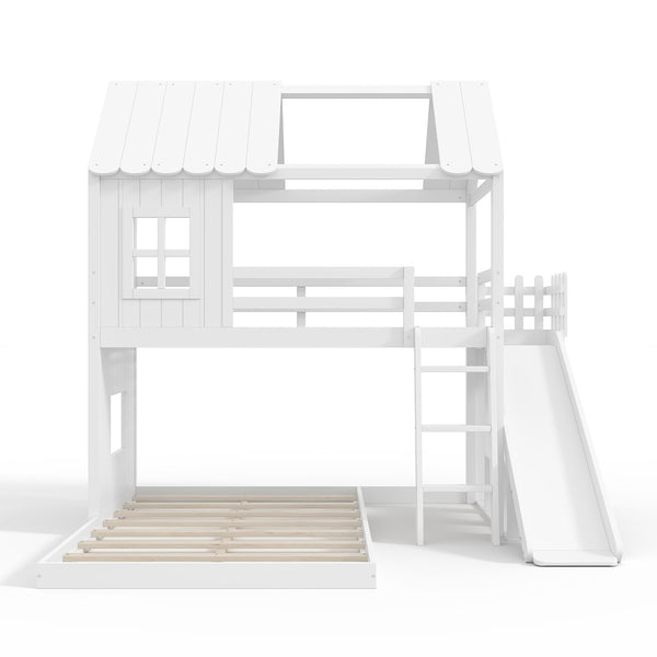 English Elm Twin Over Full Playhouse Bunk Bed with Slide Ladder Storage Shelves and Wardrobe Light White W5305S00039