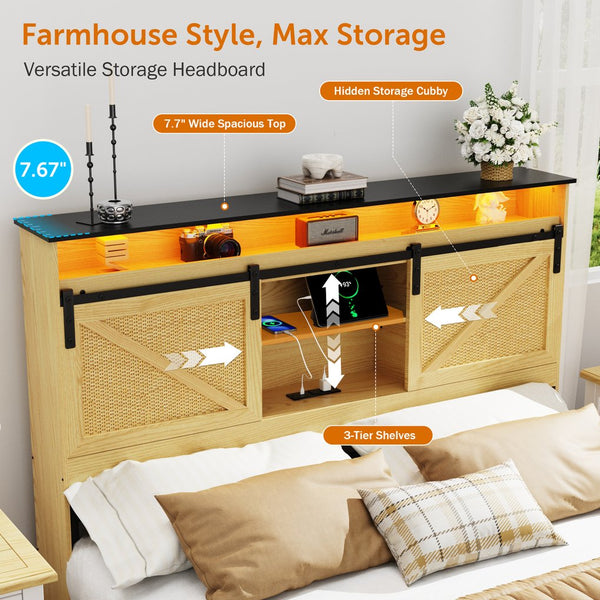 English Elm Farmhouse Full Size Bed Frame With Storage Headboard, Charging Station, Led Lights & Rustic Charm W1550P343683