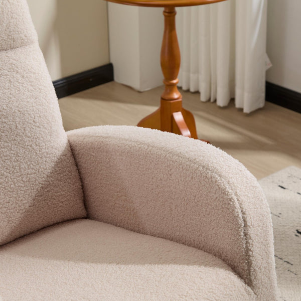 English Elm Modern Upholstered Glider Rocker with Teddy Fabric High Back and Rubberwood Base Beige W3723P409073
