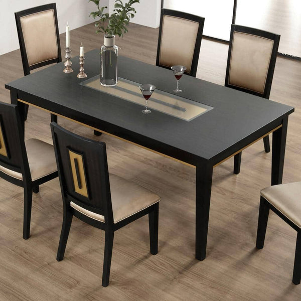 English Elm 7pc Modern Farmhouse Dining Set with Gold Chevron Trim 72" Table & Upholstered Chairs, Elegant Centerpiece Espresso 76 L x 45 W x 7 H B2741S00074