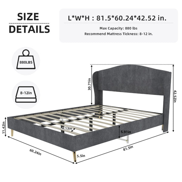 English Elm Velvet Tufted Queen Platform Bed Diamond Headboard for Elegant Master Bedroom Grey W1935P361019
