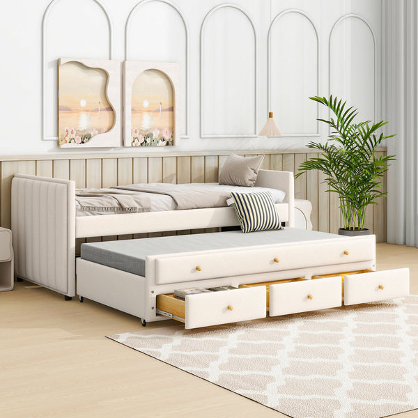 English Elm Twin Upholstered Daybed with Pull-Out Trundle and 3 Drawers, Velvet Finish, Solid Frame, Slat Kit Included Beige SF000147AAA