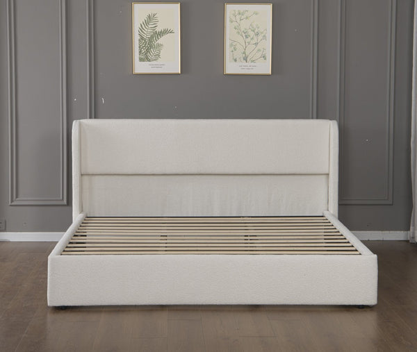 English Elm Queen Boucle Upholstered Wingback Bed Solid Wood Slats Cozy Bedroom Anchor W1670S00029