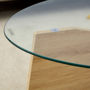 English Elm Oval Tempered Glass Coffee Table with Wood Grain Legs and Built-in Fan Tray Shelf W1151P256007