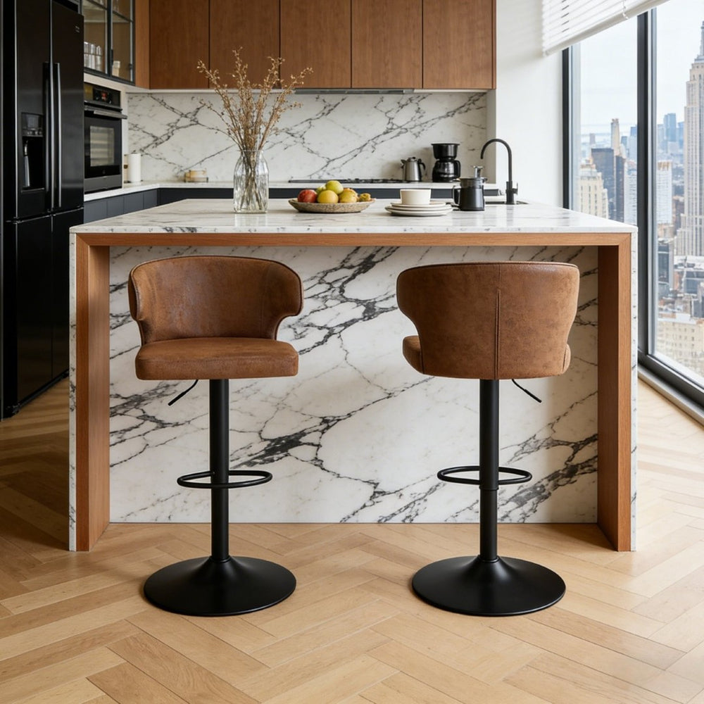 English Elm Modern Oil-wax Upholstered Swivel Barstools with Ergonomic High Back for Kitchen Islands W2920P419851