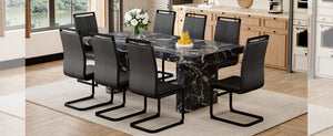 English Elm Table and Chair Set 9 Piece Black Marble Mdf Dining with 8 Pu Leather Seats W1151S03924
