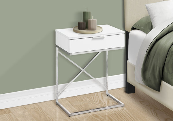English Elm Accent Table With Storage Drawer - Modern Glossy White & Chrome Design For Living Room & Bedroom B2710P219296