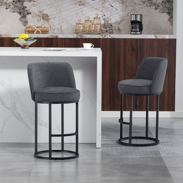 English Elm Counter Height Barstools Set of 2 Linen Upholstered Barrel Seat with Iron Legs Gray W395P410436