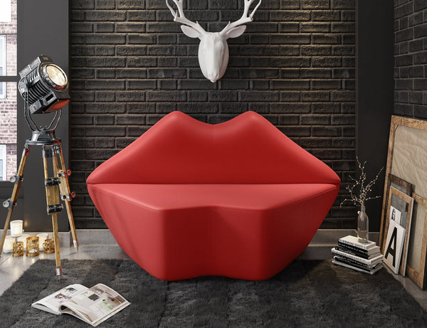 English Elm Kiss Vegan Leather Loveseat with Funky Lip Design, Hardwood Frame, High-Density Foam, Fully Assembled Red B365P398494