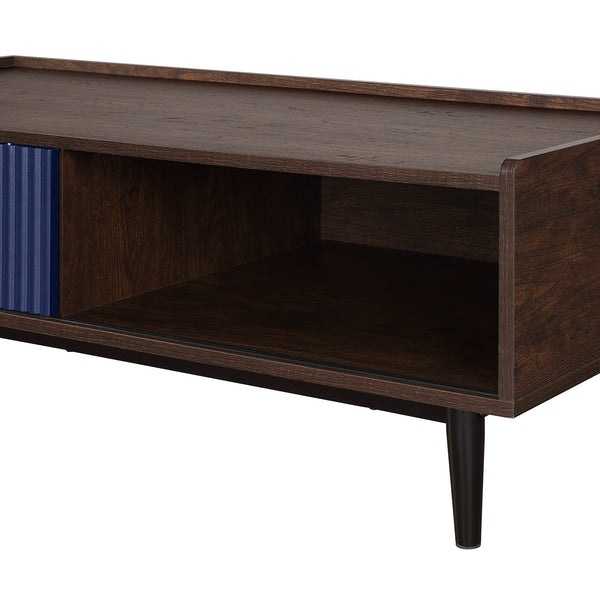 English Elm Duane 47" Coffee Table with Ribbed Wood Grain Laminate, Full-Extension Drawer & Iron Feet Durable Design Navy Blue B365P398089