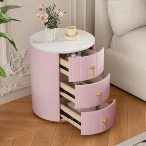 English Elm Upholstered Rounded Nightstand with 3 Spacious Drawers, Marbled Top and Metal Handles, Fully Assembled Pink 24 L x 19.5 W x 18.89 H N733P272609H