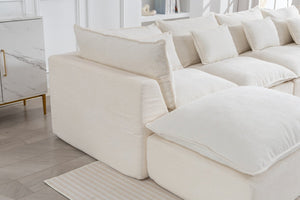 English Elm 129.8" Wide Modular Cloud Sectional Cotton Linen Sofa with Deep Foam Seats and Ottomans Antique White W2530S00016