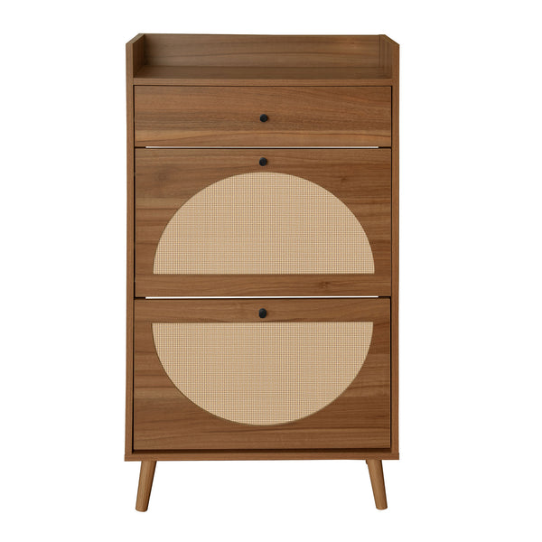 English Elm Rattan, Engineered Rattan 2-Door 1-Drawer Shoe Cabinet with Double Shelves and Pine Wood Feet Durable Finish Walnut W688141533