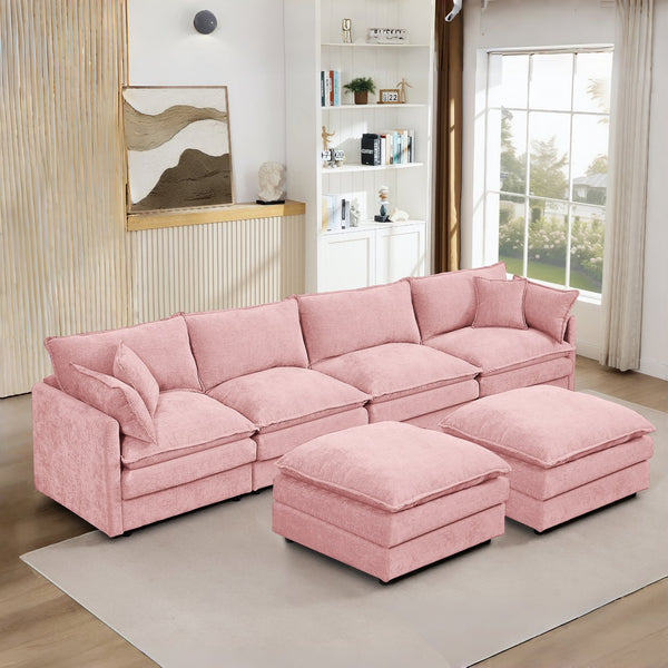 English Elm Modular U-Shaped Sectional Sofa, 4-Seater Pink Chenille Couch With Movable Ottomans For Custom Comfort W1359S00037