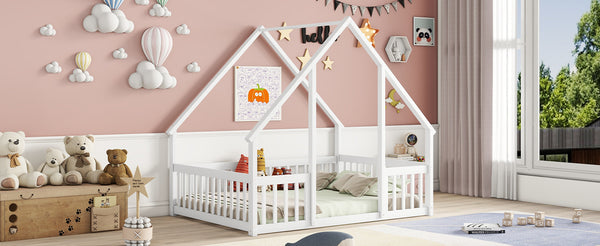English Elm Full House-Shaped Floor Bed with Fence and Guardrails, Pine Wood Play Loft for Imaginative Kids Retreat White W504P143294