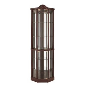 English Elm Glass Corner Curio Cabinet Lighted Dark Wood Display with Carved Crown Floral Detail Cherry W2275P292645