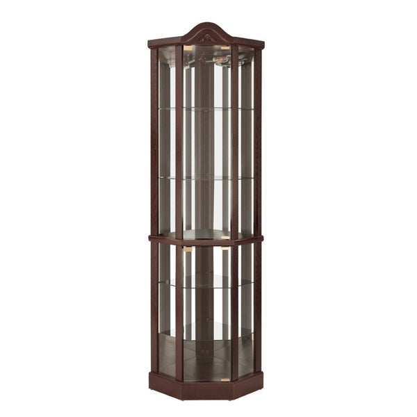 English Elm Glass Corner Curio Cabinet Lighted Dark Wood Display with Carved Crown Floral Detail Cherry W2275P292645