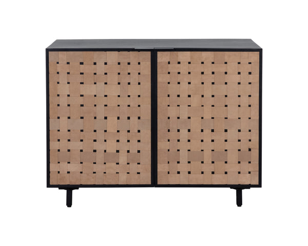 Sunpan Omari Sideboard - Stylish Suede Light Tan Leather with Unique Weaved Design and Matte Black Base Small - 40W x 22D x 31H