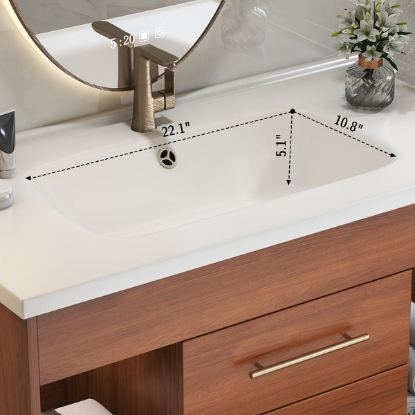 English Elm 35.4" Modern Bathroom Vanity with Integrated Ceramic Sink, Moisture-Resistant Wood, Soft-Close Drawers & Open Shelves, Oil Rubbed Bronze Handles, Sleek Design W3136S00026