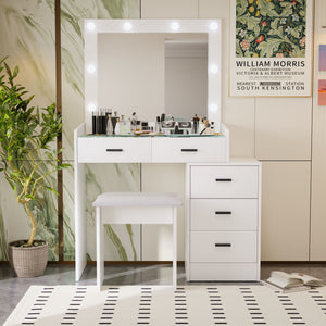 English Elm White adjustable dressing table with 5 drawers, matte finish, hidden sliding mirror, stool, lockable storage W2139P179897