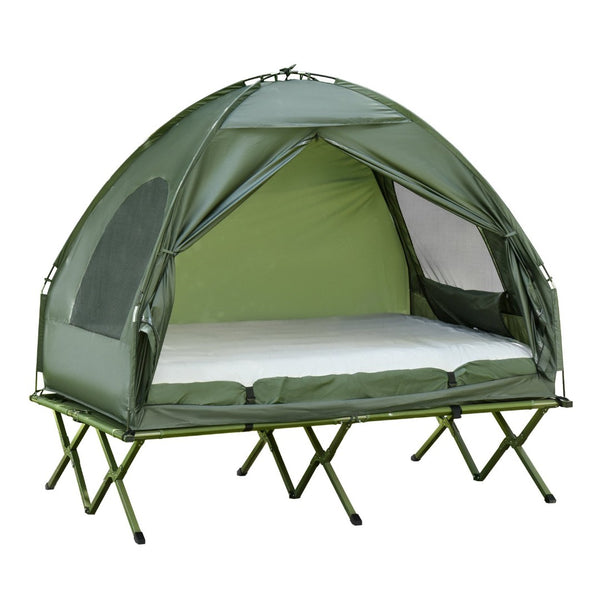 English Elm Outsunny 4-in-1 Elevated Two Person Camping Cot Tent with Air Mattress Outdoor W2225P217035