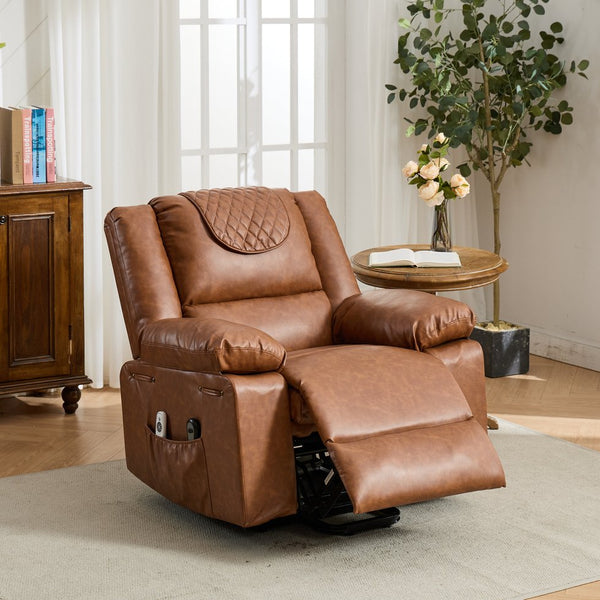 English Elm Brown PU Remote-Controlled Heating Massage Recliner for Seniors with Assist Lift, Cup Tray & Remote Controls W570P320458