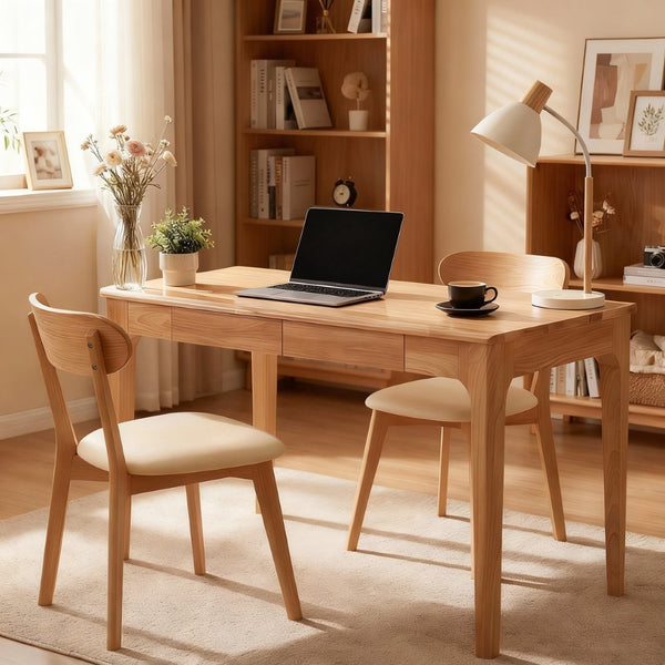 English Elm Solid Wood Mid-century Writing Desk with Two Drawers for Home Office or Bedroom W3204P445617