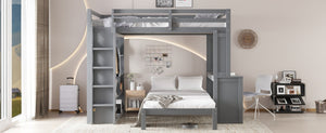 English Elm Queen Solid Wood Bunk Bed With Dismountable Twin, Desk, Shelves & Wardrobe - Modern Grey Design W1580S00215-GIGA