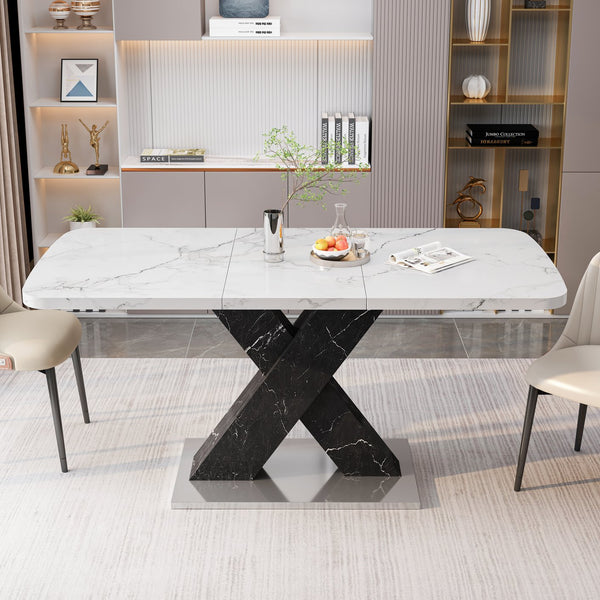 English Elm Modern Rectangle Dining Table - Stretchable White Marble Top With Black X-Leg Design For Stylish Dining W757P242764
