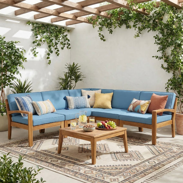 English Elm Grenada Outdoor Modular Sectional Solid Acacia Wood Slatted Patio Sofa Set Blue 63887-66388.00-63699.00BLU