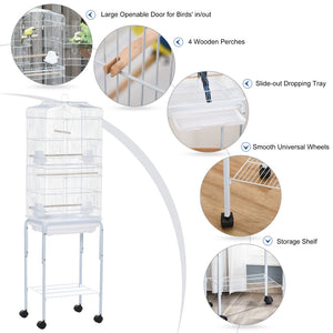 English Elm Pawhut Flight Cage for Small Birds with Rolling Stand and Storage Basket in White W2225P229593